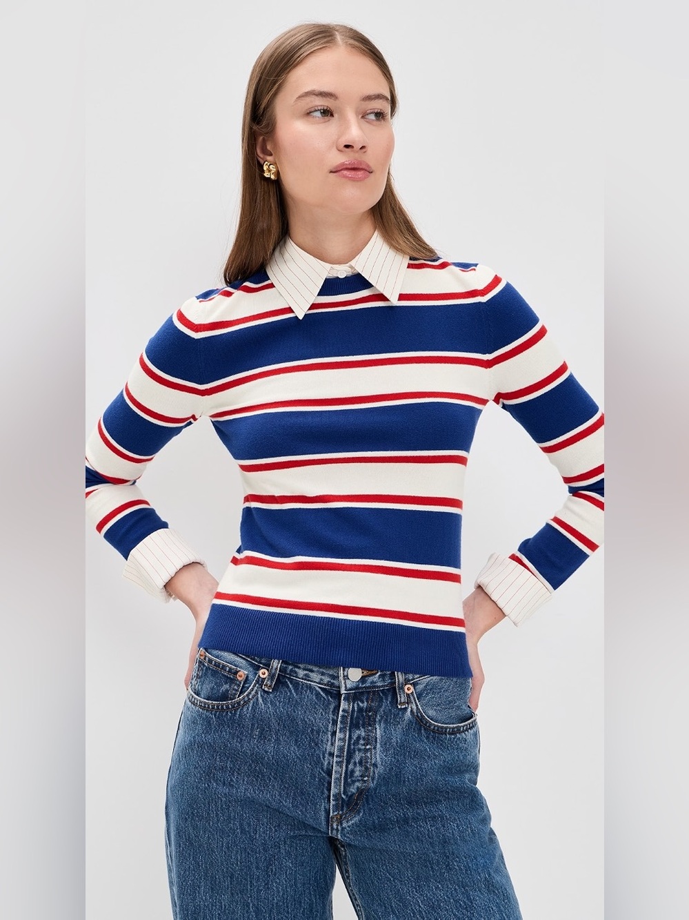 ALICE & OLIVIA Porla Collared Sweater in Americana Stripe XS